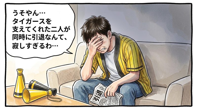 明るい洋風リビングで、広げたスポーツ新聞の「引退」の文字を呆然と見つめながら「うそやん…タイガースを支えてくれた二人が引退なんて、寂しすぎるわ…」と脱力してソファにへたり込む黄色と黒の法被姿のお父ちゃんを描いた一コマ漫画。ミディアムショットの構図。16:9。