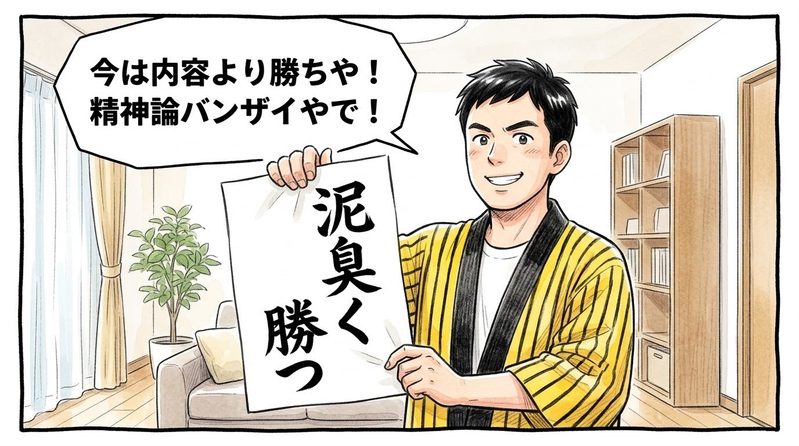 明るいリビングで、「泥臭く勝つ」と墨で太く書かれた習字の半紙を両手で堂々と掲げ、「今は内容より勝ちや!精神論バンザイやで!」と開き直ったドヤ顔を見せる黄色と黒の法被姿のお父ちゃんを描いた一コマ漫画。ミディアムショットの構図。16:9。