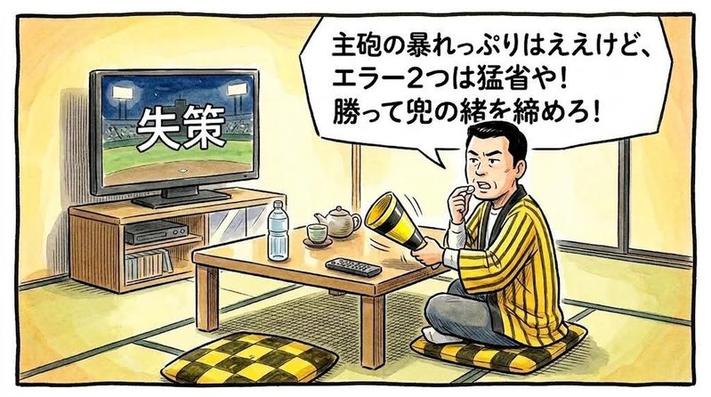 夜の茶の間で、テレビ画面に「失策」と表示されたのを見て、ブドウ糖ラムネの白い粒を口に放り込みながら、黄色と黒のメガホンでちゃぶ台を叩いて「主砲の暴れっぷりはええけど、エラー2つは猛省や！勝って兜の緒を締めろ！」と苦言を呈する黄色と黒の法被姿のお父ちゃんを描いた一コマ漫画。水彩と色鉛筆の手書き風イラスト。16:9。