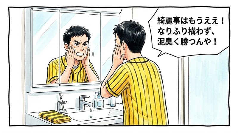 洗面所の鏡の前に立ち、自分自身の両頬を両手で挟むように叩いて気合を入れ直し、鏡に映る真剣な眼差しで「綺麗事はもうええ！なりふり構わず、泥臭く勝つんや！」と覚悟を決める黄色と黒の法被姿のお父ちゃんを描いた一コマ漫画。水彩と色鉛筆の手書き風イラスト。16:9。