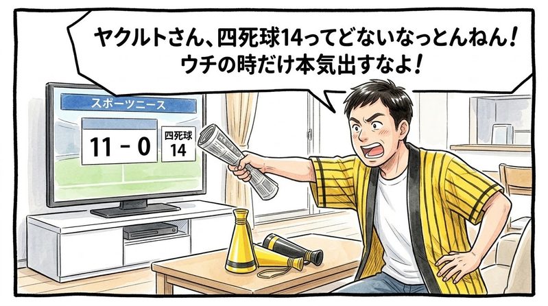 明るい洋風リビングで、テレビに映る「11-0」の大差スコアを見ながら、丸めた新聞紙を画面に向けて「ヤクルトさん、四死球14ってどないなっとんねん！ウチの時だけ本気出すなよ！」と身を乗り出して激しくツッコミを入れている黄色と黒の法被姿のお父ちゃんを