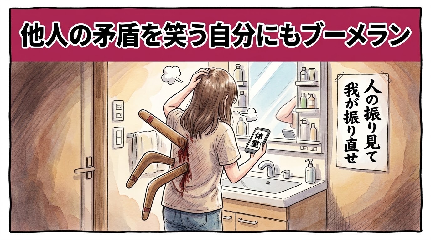 「他人の矛盾を笑う自分にもブーメラン」という上部バナーがある、手描き風水彩イラスト。洗面所で鏡を見る女性の後ろ姿で、背中に3本のブーメランが刺さっている。女性は「体重」と表示されたスマホを持ち、鏡の横には「人の振り見て我が振り直せ」と書かれたポスターがある。