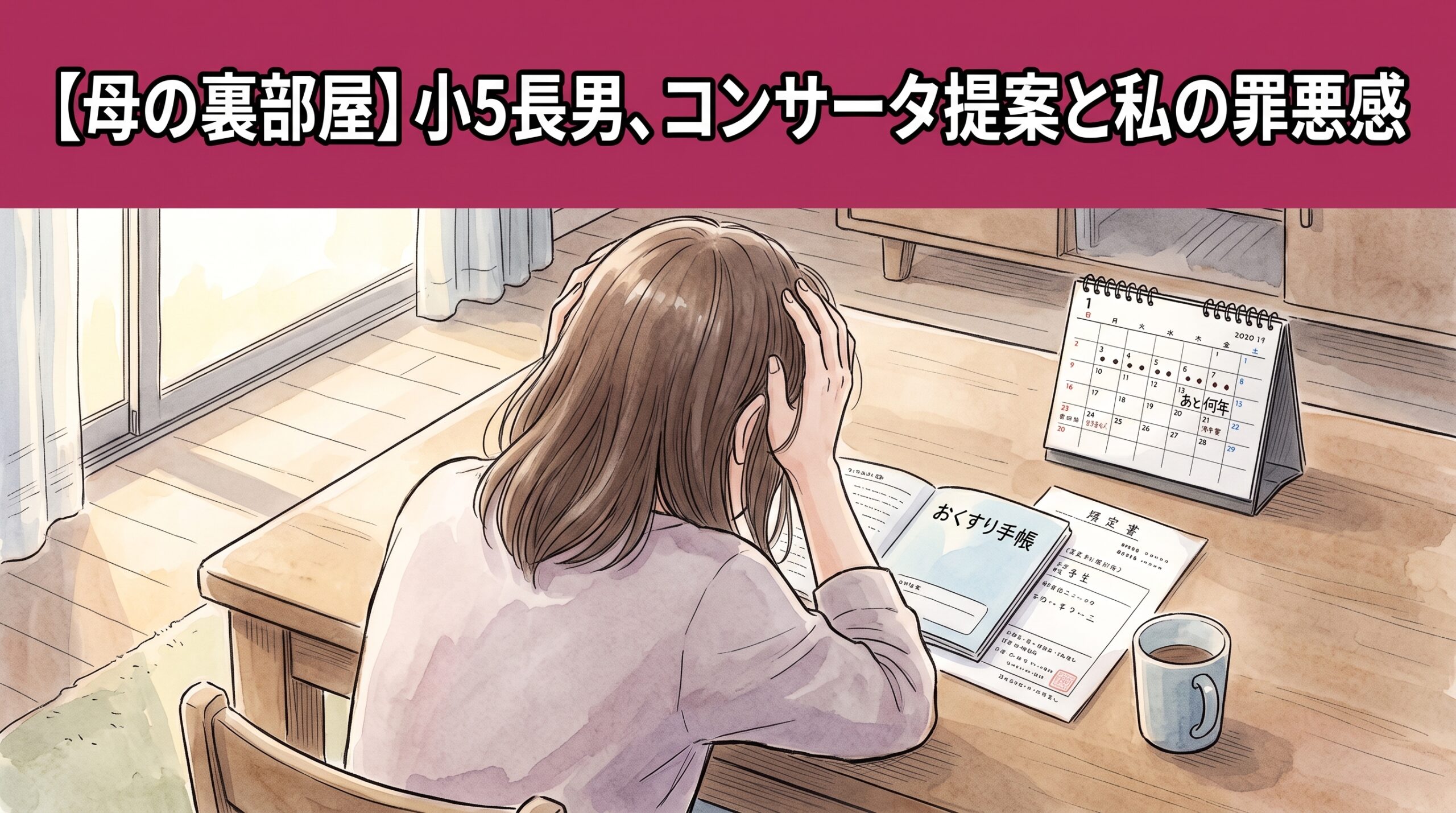 「【母の裏部屋】小5長男、コンサータ提案と私の罪悪感」という見出しの下で、テーブルに広げられたお薬手帳やカレンダーを前に両手で頭を抱えて思い悩む母親の後ろ姿が描かれたイラスト