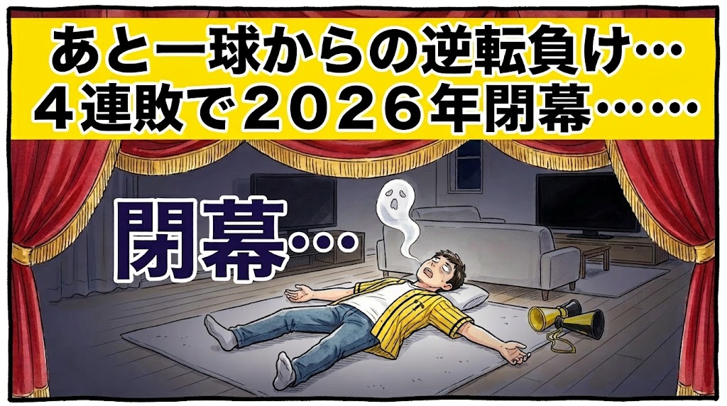 画面最上部の鮮やかな黄色い極太バナーに「あと一球からの逆転負け…4連敗で2026年閉幕……」と極太の黒文字で大きく書かれた、劇場の赤い幕が下りる薄暗いリビングで、仰向けにパタリと倒れて口から魂がフワフワと抜け出て昇天している黄色と黒の法被姿のお父ちゃんを描いた一コマ漫画アイキャッチ画像。横には「閉幕…」という大きな文字が添えられている。引きの構図。16:9。