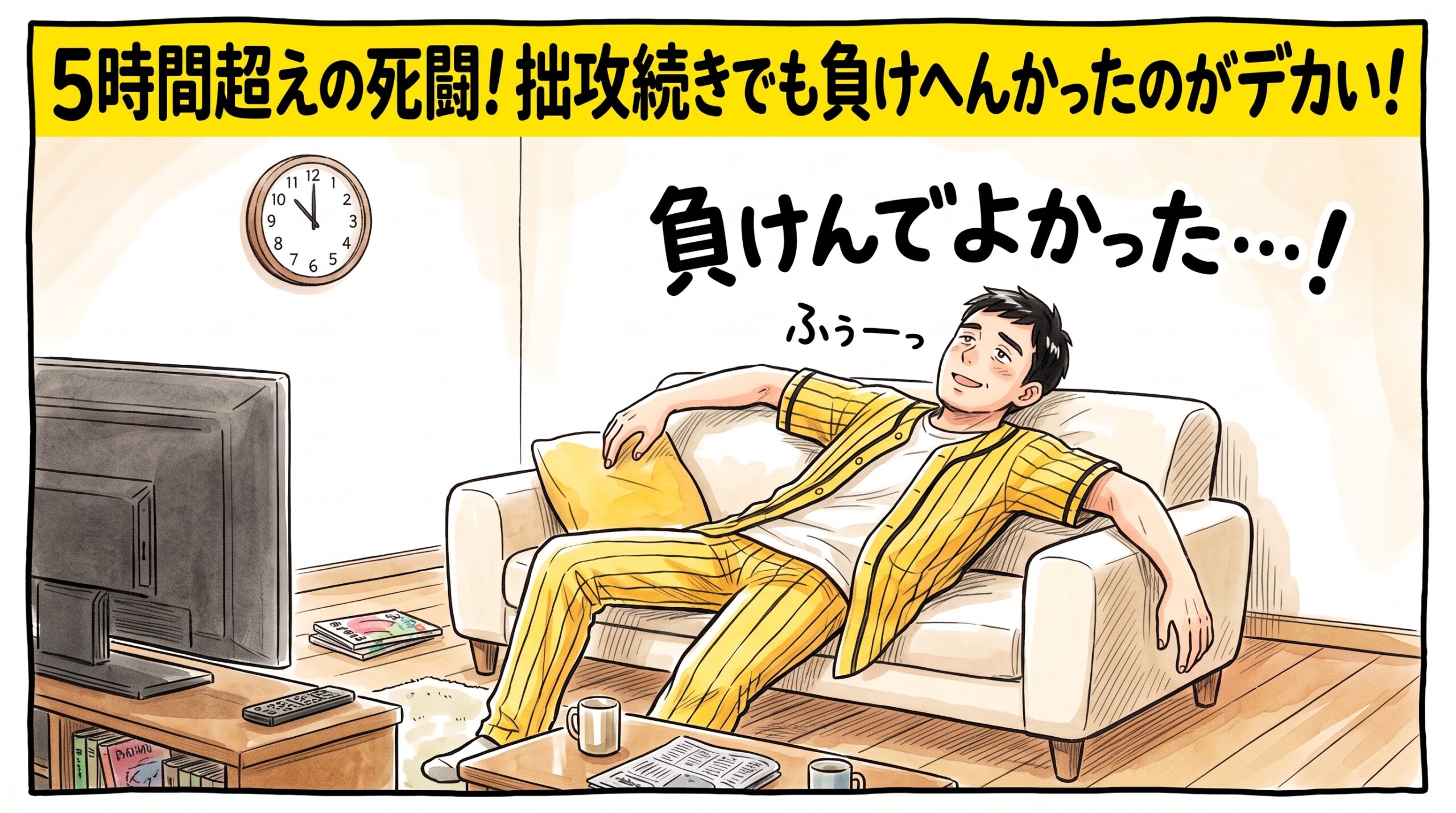 画面最上部の鮮やかな黄色い極太バナーに「5時間超えの死闘！拙攻続きでも負けへんかったのがデカい！」と極太の黒文字で大きく書かれた、深夜の時計を背景に、テレビの前のソファで燃え尽きたようにぐったりと倒れ込みながらも「負けんでよかった…」と安堵の表情を浮かべる黄色と黒の法被姿のお父ちゃんを描いた一コマ漫画アイキャッチ画像。引きの構図。16:9。