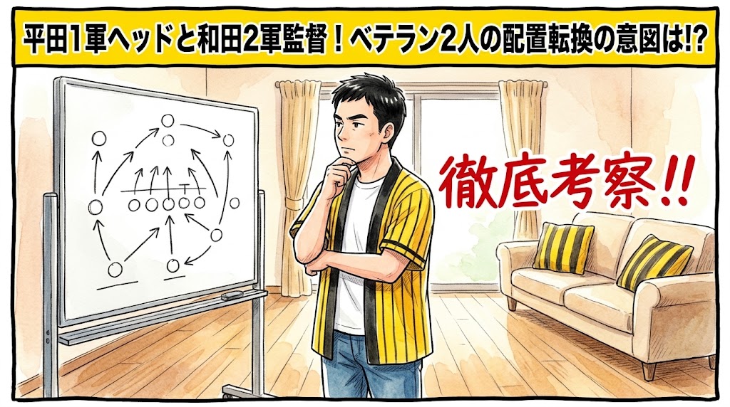 画面最上部の鮮やかな黄色い極太バナーに「平田1軍ヘッドと和田2軍監督！ベテラン2人の配置転換の意図は！？」と極太の黒文字で大きく書かれた、明るいリビングでホワイトボードの前に立ち、顎に手を当てて首脳陣の配置換えについて深く考察している黄色と黒の法被姿を描いた一コマ漫画アイキャッチ画像。横には「徹底考察！！」の大きな文字が添えられている。引きの構図。16:9。