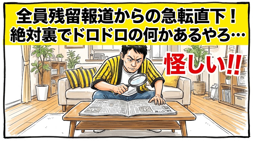 画面最上部の鮮やかな黄色い極太バナーに「全員残留報道からの急転直下！絶対裏でドロドロの何かあるやろ…」と極太の黒文字で大きく書かれた、明るいリビングで虫眼鏡を片手に新聞記事を睨みつけ、探偵のように怪しんでいる黄色と黒の法被姿を描いた一コマ漫画アイキャッチ画像。横には「怪しい！！」の大きな文字が添えられている。引きの構図。16:9。
