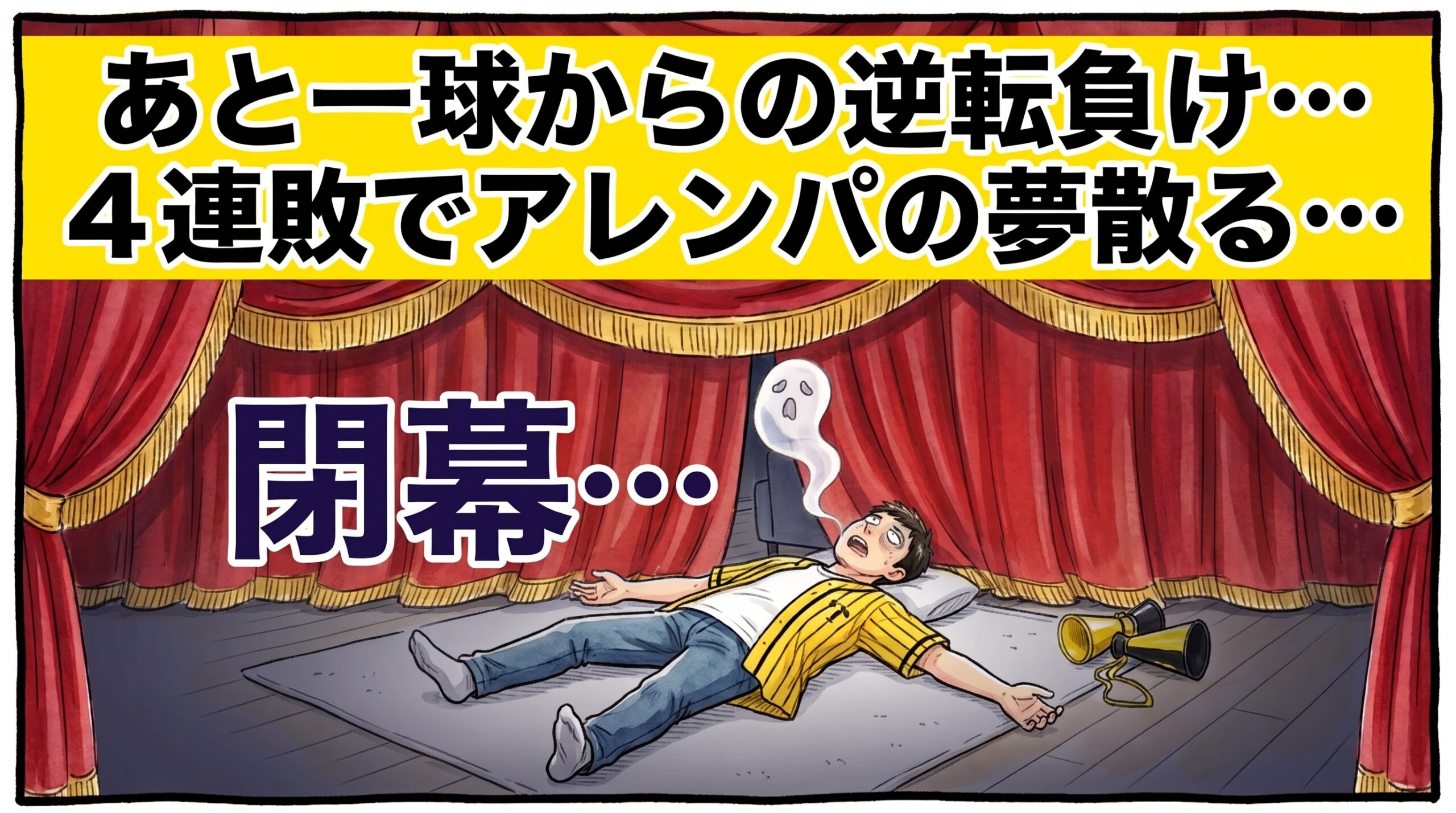 画面最上部の鮮やかな黄色い極太バナーに「あと一球からの逆転負け…4連敗で2026年閉幕……」と極太の黒文字で大きく書かれた、劇場の赤い幕が下りる薄暗いリビングで、仰向けにパタリと倒れて口から魂がフワフワと抜け出て昇天している黄色と黒の法被姿のお父ちゃんを描いた一コマ漫画アイキャッチ画像。横には「閉幕…」という大きな文字が添えられている。引きの構図。16:9。