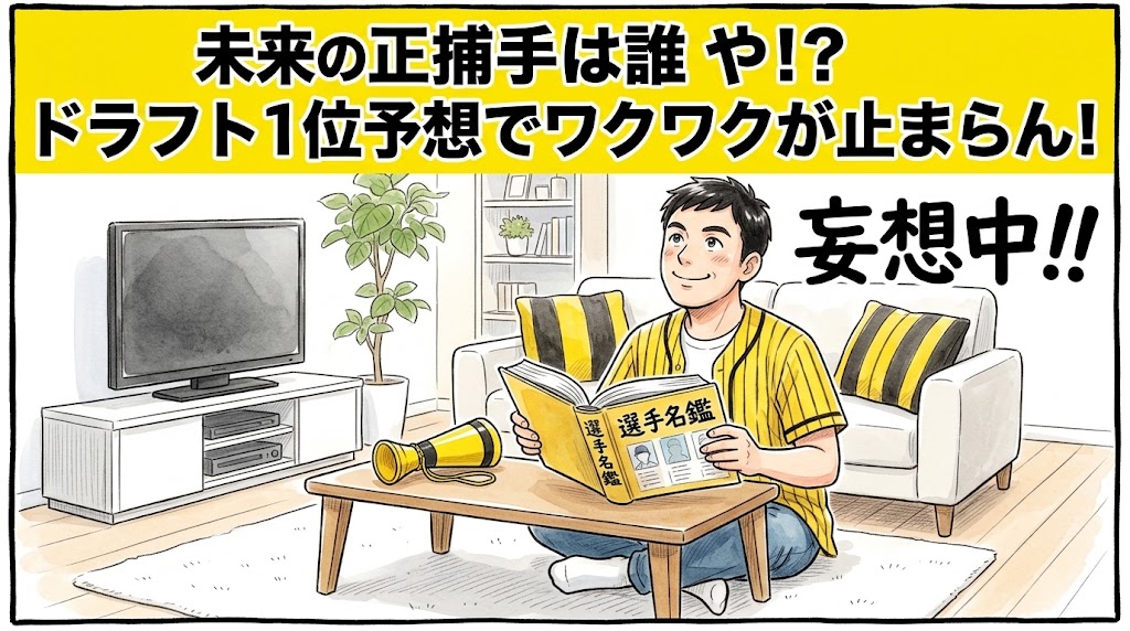 画面最上部の鮮やかな黄色い極太バナーに「未来の正捕手は誰や！？ドラフト1位予想でワクワクが止まらん！」と極太の黒文字で大きく書かれた、リビングで分厚い選手名鑑を広げながら宙を見つめて有望選手の入団を妄想しニヤニヤしている黄色と黒の法被姿を描いた一コマ漫画アイキャッチ画像。横には「妄想中！！」の大きな文字が添えられている。引きの構図。16:9。
