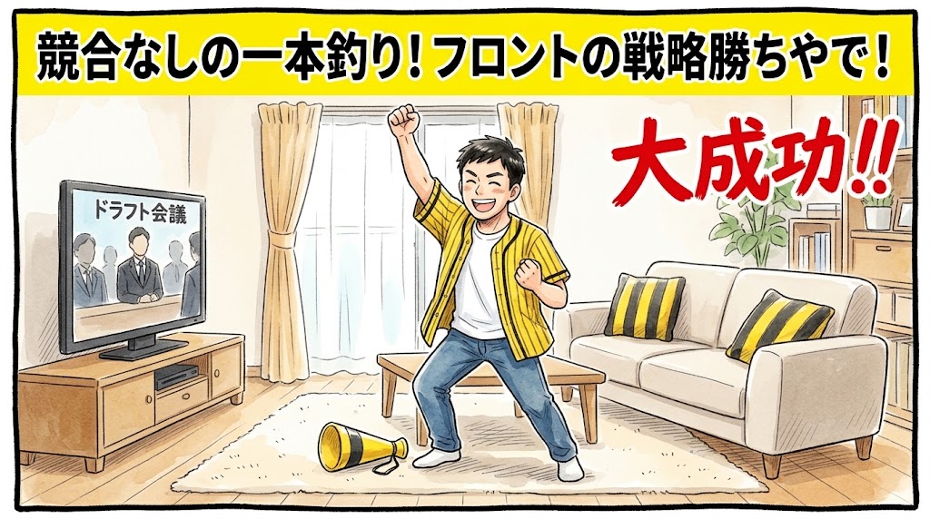 画面最上部の鮮やかな黄色い極太バナーに「競合なしの一本釣り！フロントの戦略勝ちやで！」と極太の黒文字で大きく書かれた、明るいリビングで力強くガッツポーズを決めてドラフト1位指名の成功を大喜びしている黄色と黒の法被姿を描いた一コマ漫画アイキャッチ画像。横には「大成功！！」の大きな文字が添えられている。引きの構図。16:9。