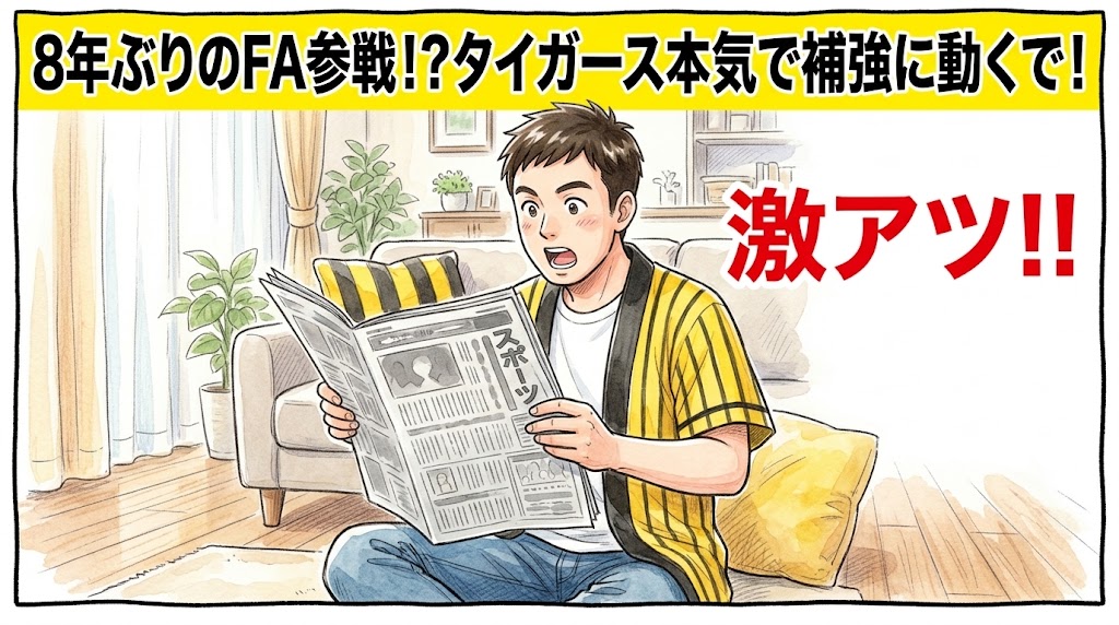画面最上部の鮮やかな黄色い極太バナーに「8年ぶりのFA参戦！？タイガース本気で補強に動くで！」と極太の黒文字で大きく書かれた、明るいリビングでスポーツ新聞を広げて8年ぶりのFA補強のニュースに目を見開いて驚いている黄色と黒の法被姿を描いた一コマ漫画アイキャッチ画像。横には「激アツ！！」の大きな文字が添えられている。引きの構図。16:9。