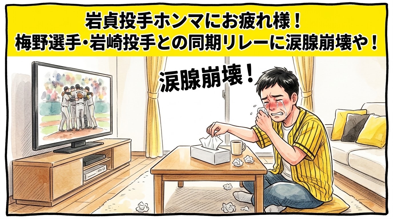 画面最上部の鮮やかな黄色い極太バナーに「岩貞投手ホンマにお疲れ様！梅野選手・岩崎投手との同期リレーに涙腺崩壊や！」と極太の黒文字で大きく書かれた、明るいリビングでテレビを見ながら高級ティッシュを引き出し、鼻を真っ赤にして大号泣している黄色と黒の法被姿のお父ちゃんを描いた一コマ漫画アイキャッチ画像。引きの構図。16:9。