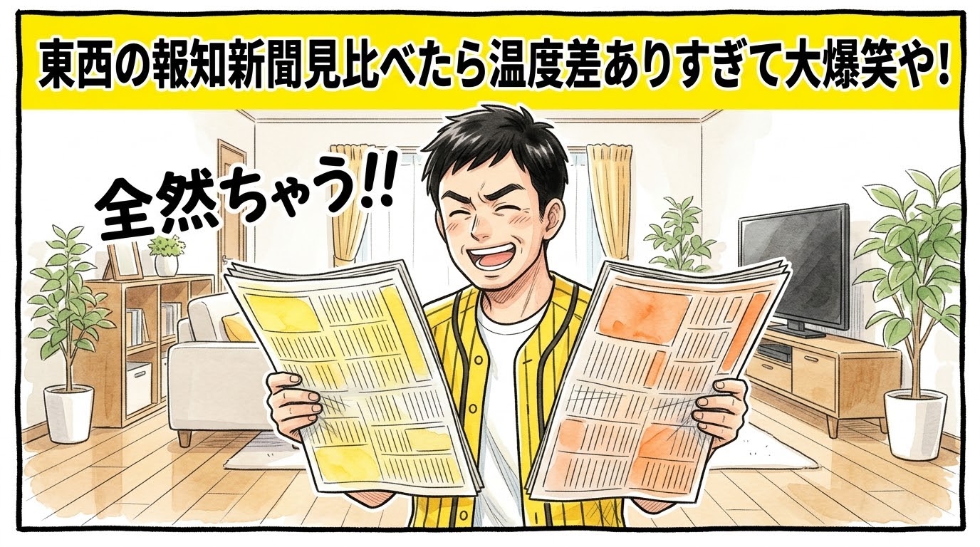 画面最上部の鮮やかな黄色い極太バナーに「東西の報知新聞見比べたら温度差ありすぎて大爆笑や！」と極太の黒文字で大きく書かれた、明るいリビングで左右の手にそれぞれ持った新聞を交互に見比べながら大口を開けてニヤニヤと大爆笑している、黄色と黒の法被姿のお父ちゃんを描いた一コマ漫画アイキャッチ画像。引きの構図。16:9。