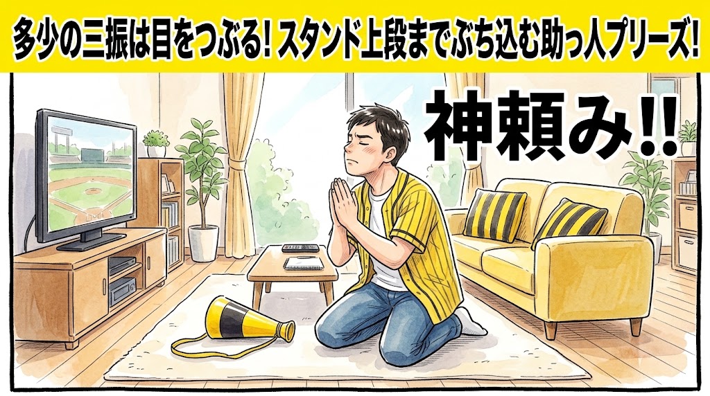 明るいリビングで腕を組み「投手陣は残留組で十分計算立つ！無理に頭数揃えんでええ！」と深く頷き納得している黄色と黒の法被姿のお父ちゃんを描いた一コマ漫画。16:9。