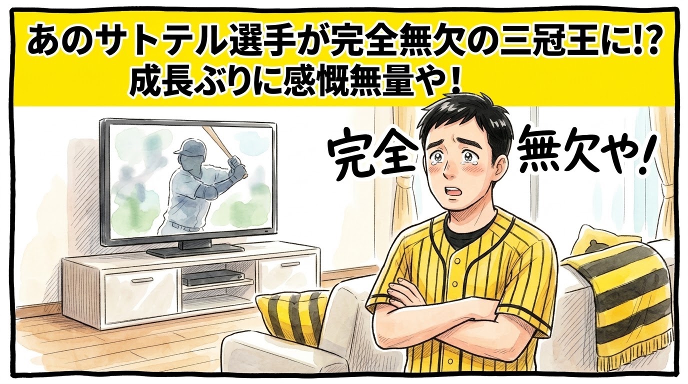 画面最上部の鮮やかな黄色い極太バナーに「あのサトテル選手が完全無欠の三冠王に！？成長ぶりに感慨無量や！」と極太の黒文字で大きく書かれた、明るいリビングでテレビを見つめながら腕を組み、目を丸くして感心している黄色と黒の法被姿のお父ちゃんを描いた一コマ漫画アイキャッチ画像。引きの構図。16:9。