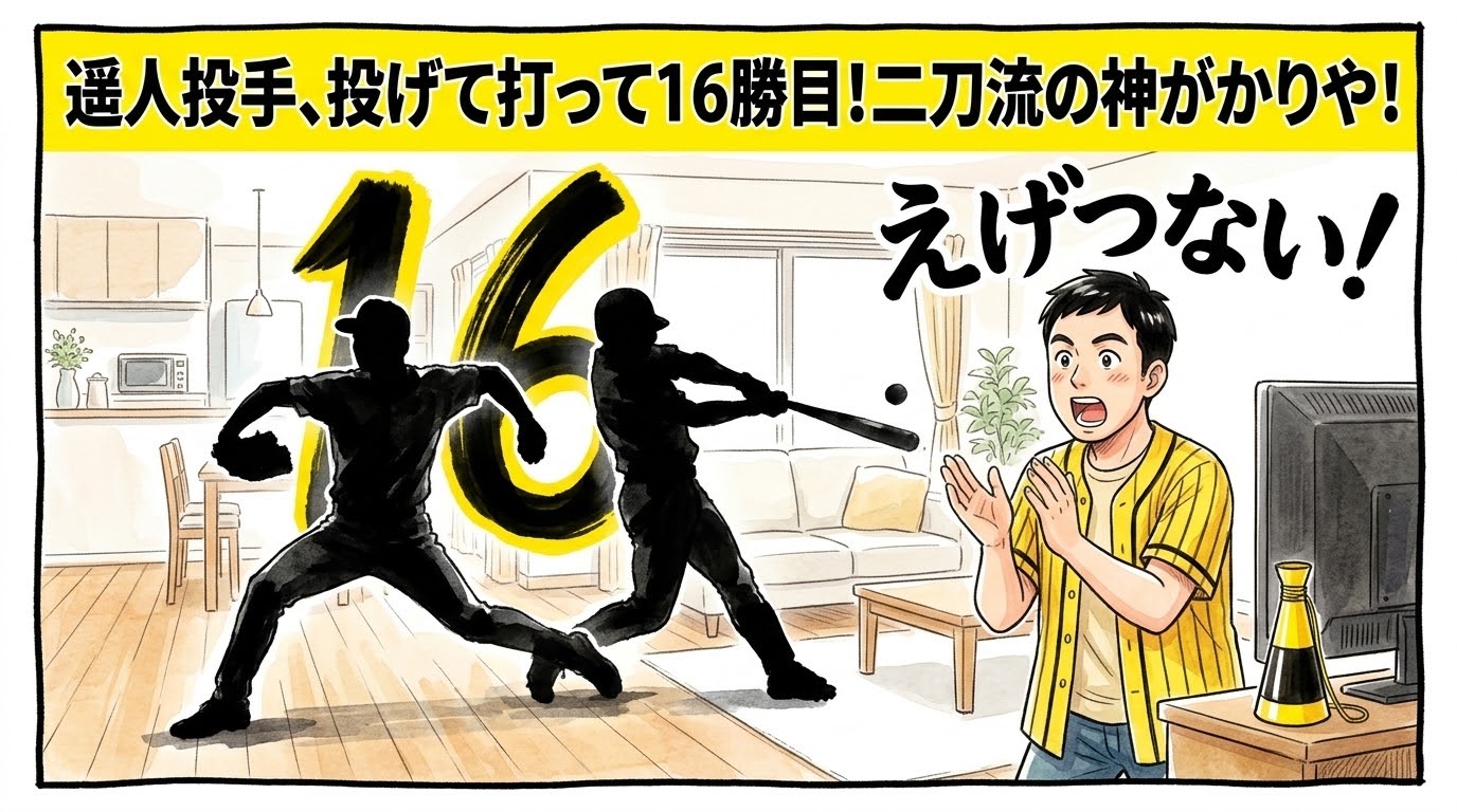 画面最上部の黄色い極太バナーに「遥人投手、投げて打って16勝目！二刀流の神がかりや！」と大きく書かれた、明るいリビングで投打に躍動する選手のシルエットと「16」の文字を前に、黄色と黒の法被姿のお父ちゃんが「えげつない！」と目を丸くして拍手を送る姿を描いた一コマ漫画アイキャッチ画像。引きの構図。16:9。