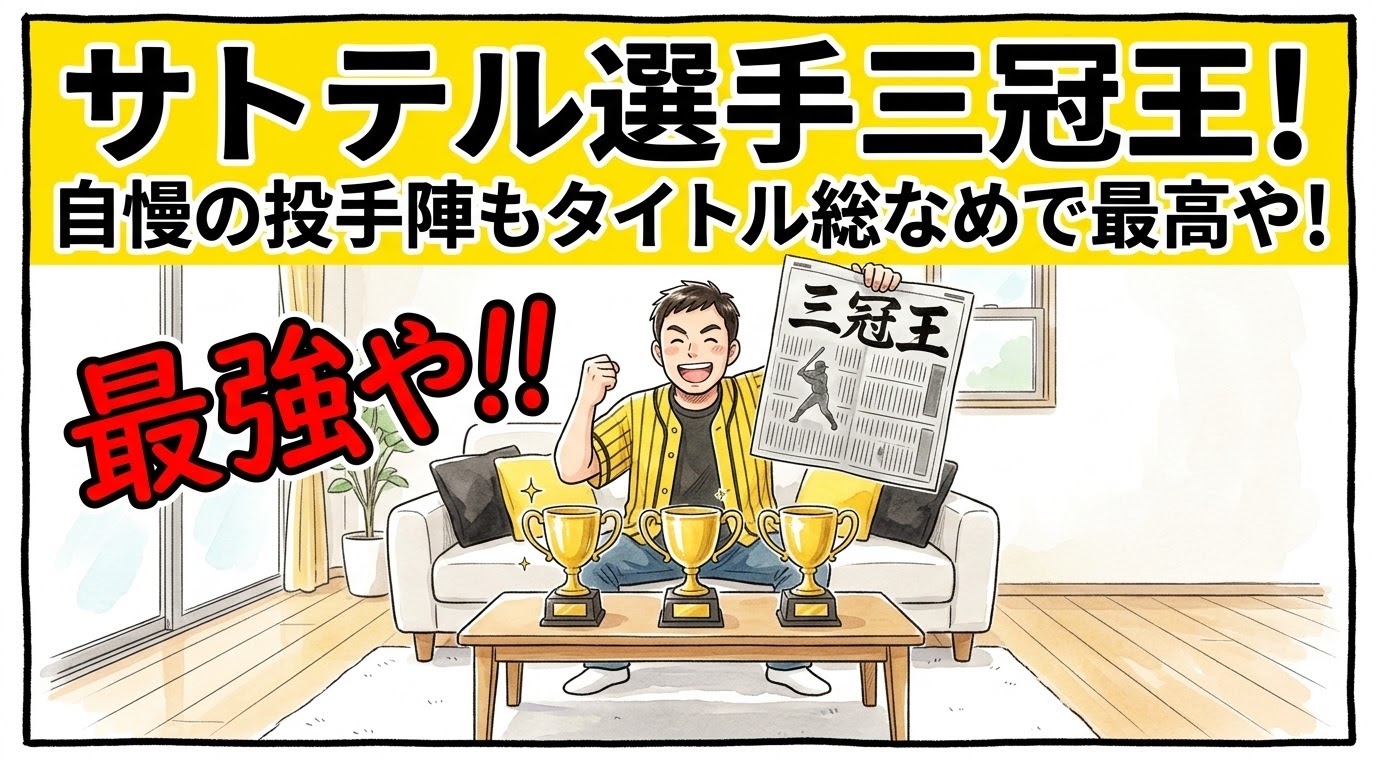 画面最上部の鮮やかな黄色い極太バナーに「サトテル選手三冠王！自慢の投手陣もタイトル総なめで最高や！」と極太の黒文字で大きく書かれた、明るいリビングで3つのトロフィーが並んだテーブルを前に、「三冠王」と書かれた新聞を高く掲げて誇らしげに歓喜する黄色と黒の法被姿を描いた一コマ漫画アイキャッチ画像。引きの構図。16:9。