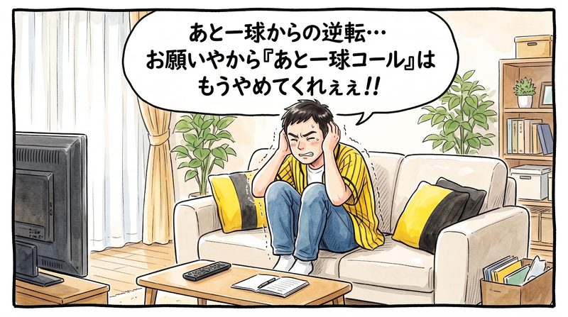 明るい洋風リビングのソファの上で小さく丸まり、両手で耳を強く塞いで目をギュッとつむりながら「あと一球からの逆転…お願いやから『あと一球コール』はもうやめてくれぇぇ!!」とトラウマに怯えている黄色と黒の法被姿のお父ちゃんを描いた一コマ漫画。ミディアムショットの構図。16:9。