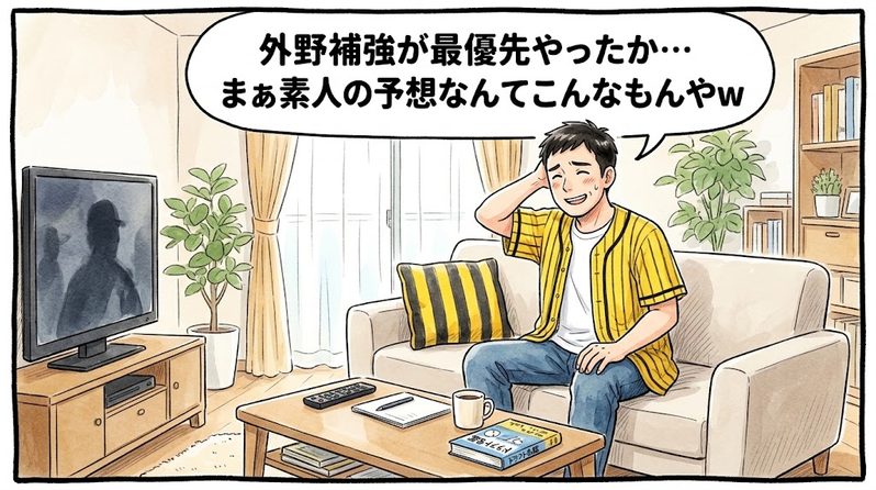 画面最上部の鮮やかな黄色い極太バナーに「競合なしの一本釣り！フロントの戦略勝ちやで！」と極太の黒文字で大きく書かれた、明るいリビングで力強くガッツポーズを決めてドラフト1位指名の成功を大喜びしている黄色と黒の法被姿を描いた一コマ漫画アイキャッチ画像。横には「大成功！！」の大きな文字が添えられている。引きの構図。16:9。