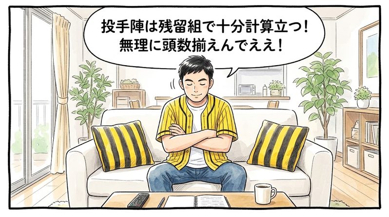 明るいリビングで腕を組み「投手陣は残留組で十分計算立つ！無理に頭数揃えんでええ！」と深く頷き納得している黄色と黒の法被姿のお父ちゃんを描いた一コマ漫画。16:9。