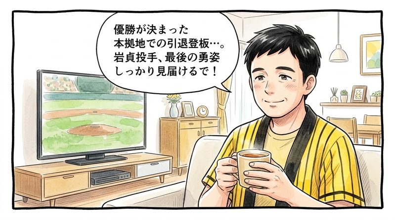明るい洋風リビングで、両手で温かいお茶の入ったマグカップを包み持ち、「優勝が決まった本拠地での引退登板…。岩貞投手、最後の勇姿しっかり見届けるで!」と少し寂しげながらも優しい微笑みを浮かべる黄色と黒の法被姿のお父ちゃんを描いた一コマ漫画。