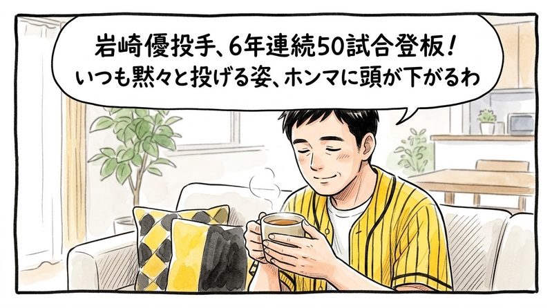 明るい洋風リビングで、「岩崎優投手、6年連続50試合登板！いつも黙々と投げる姿、ホンマに頭が下がるわ」と温かいお茶が入ったマグカップを持ちながら、しみじみと深く頷く黄色と黒の法被姿のお父ちゃんを描いた一コマ漫画。ミディアムショットの構図。16:9。