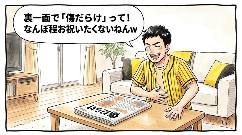 明るい洋風リビングで、ローテーブルに広げたスポーツ新聞の「傷だらけ」という見出しを見て、「裏一面で『傷だらけ』って！なんぼ程お祝いしたくないねんｗ」と机をバンバン叩いて大爆笑している黄色と黒の法被姿のお父ちゃんを描いた一コマ漫画。ミディアムショットの構図。16:9。
