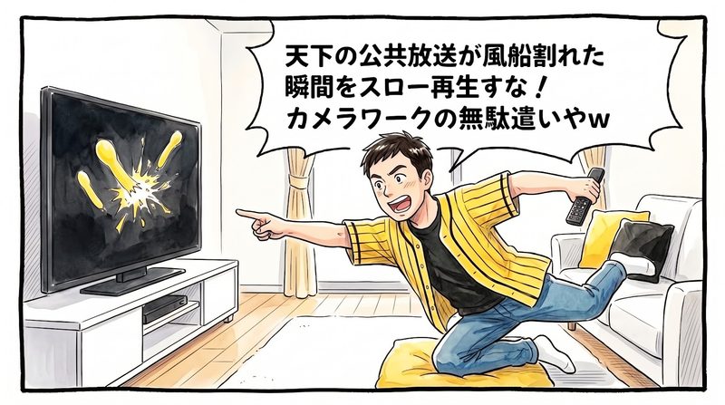 明るい洋風リビングで、リモコンを片手に持ち、テレビを指さしながら「天下の公共放送が風船割れた瞬間をスロー再生すな！カメラワークの無駄遣いやｗ」と鋭いツッコミを入れて思いっきりズッコケている、黄色と黒の法被姿のお父ちゃんを描いた一コマ漫画。ミディアムショットの構図。16:9。