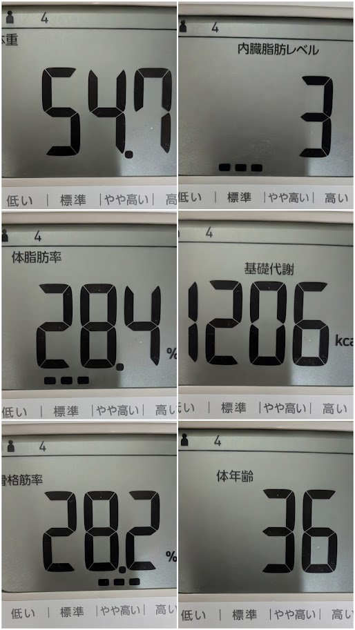 体重54.7kg、体脂肪率28.4%、体年齢36歳にリバウンドしたアラフォー女性の体重計測定結果のコラージュ画像